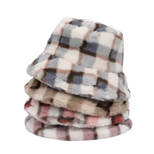 Wholesale Plaid Bucket Hat Imitation Rabbit Cashmere Fishmen Cap Hat Pink Khaki Stylish Winter Warm Bucket Hat for Men Women